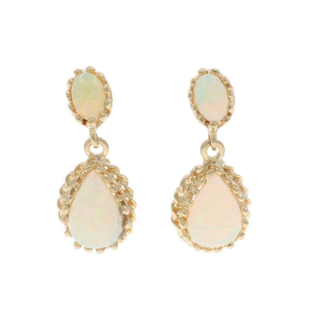 Yellow Gold Opal Dangle Earrings 14k Pear & Oval Cabochon 3.20ctw Pierced